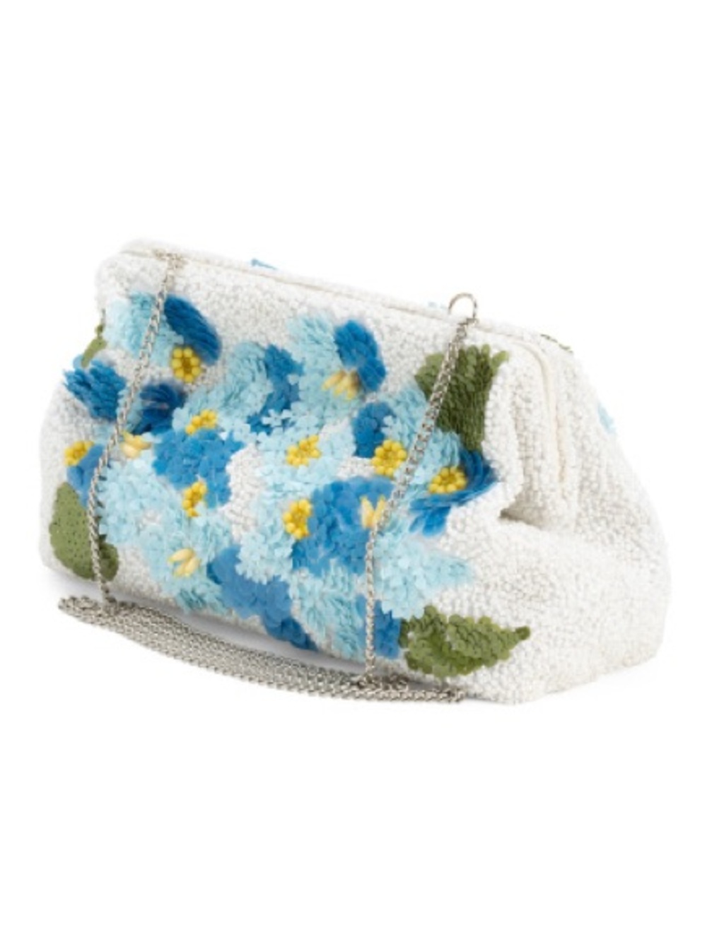 White Beaded Floral Evening Clutch with Blue Accents